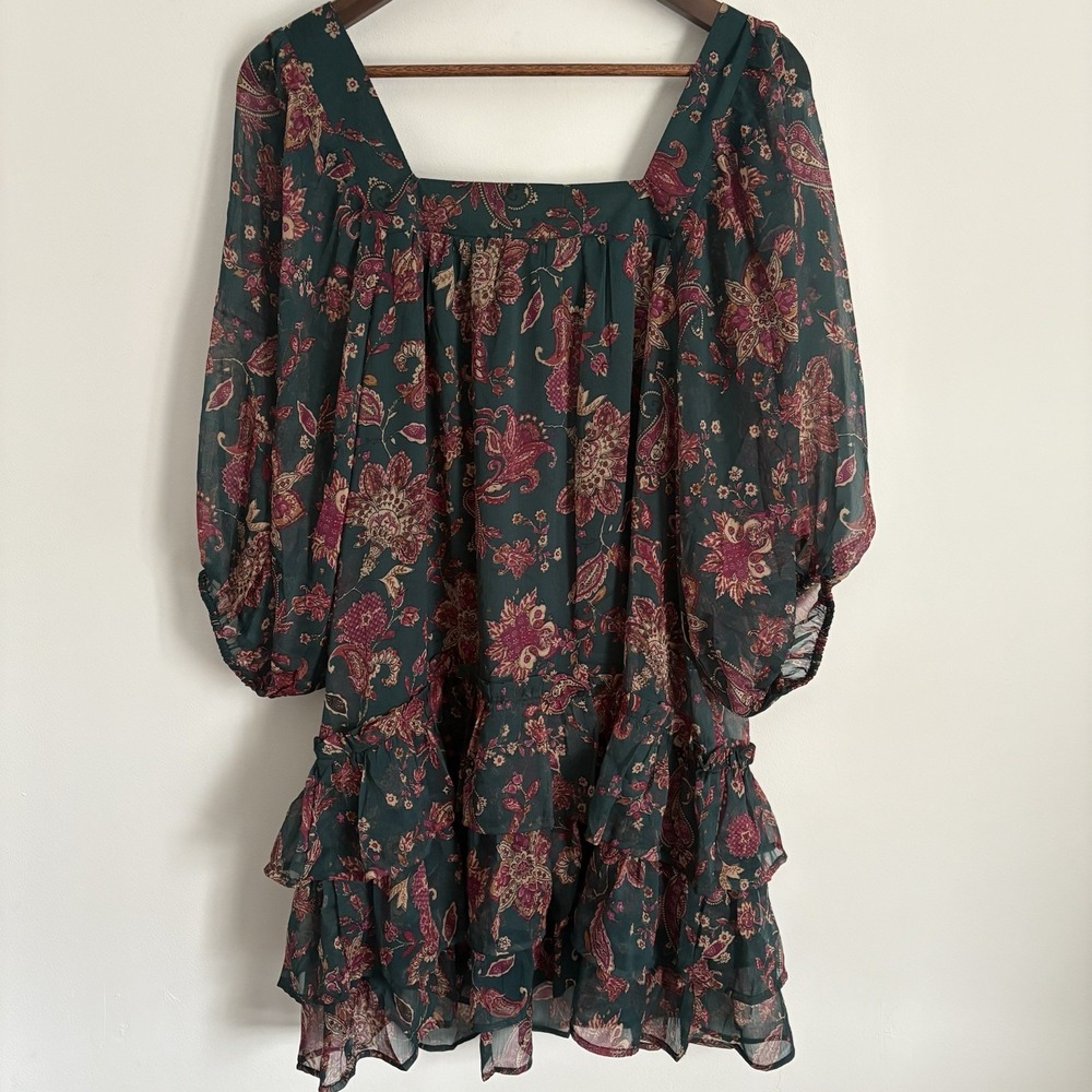 NWT Band of the Free Womens Mandy Mini Dress Size M Green Paisley Sheer Tiered - Picture 3 of 9